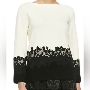 Tory Burch Dixie Cream Black Embroidered Lace Hem Sweater size medium